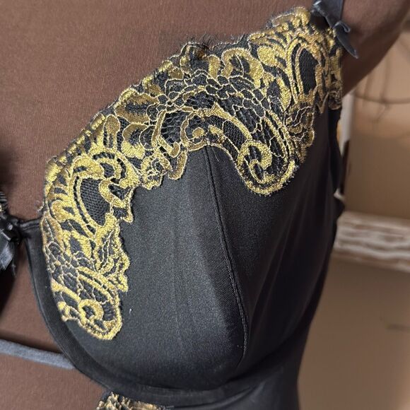 Cacique lane Bryant women’s slip dress nightie lingerie size 42DD black gold lac - Picture 3 of 10